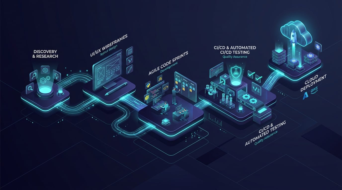 ZyphTech Systems Engineering Delivery Process Pipeline — Discovery, Wireframes, Agile Code Sprints, Automated CI/CD Testing, and Cloud Deployment